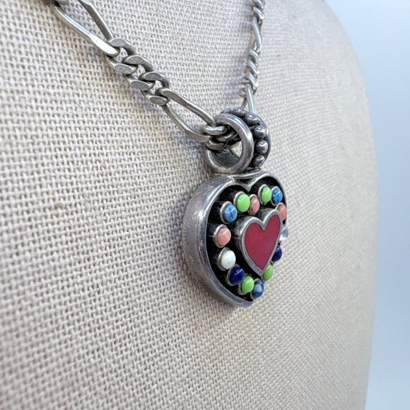 Sterling Silver 925 Multi Stone Heart Figaro Chain Pendant Necklace 19.5" Length - Picture 2 of 14